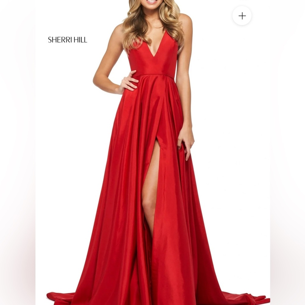 Sherri Hill Red V-Neck Satin Maxi Dress with Front Slit